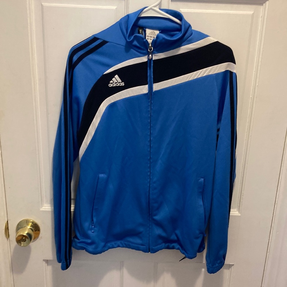 ADDIDAS Womens zip-up track jacket baby blue, navy and white size Medium